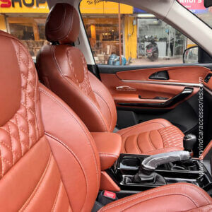 The interior of a car with Mongolian leather seat covers